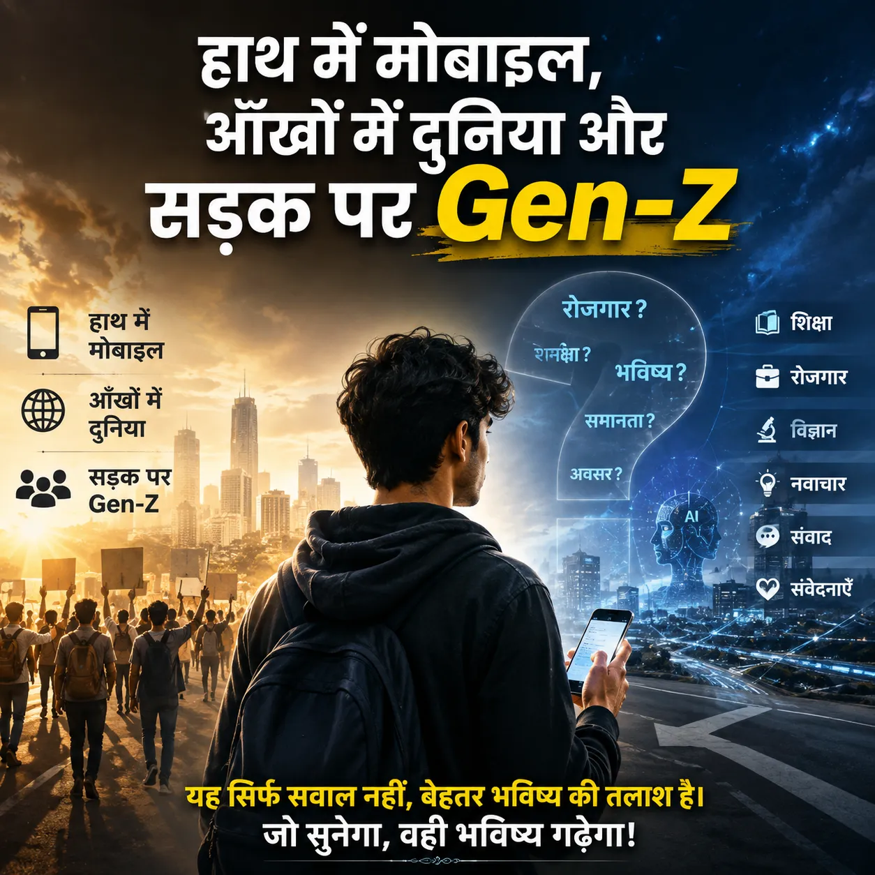 हाथ में मोबाइल, आँखों में दुनिया और सड़क पर Gen-Z | Source: AI Made.