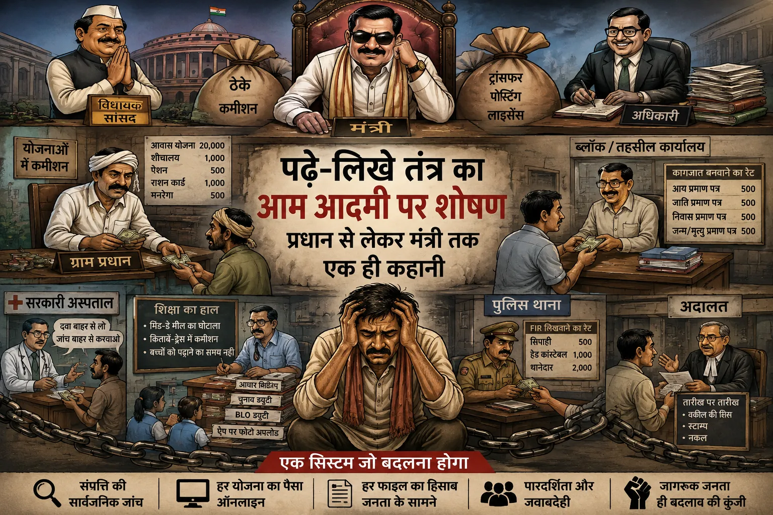 पढ़े-लिखे तंत्र का आम आदमी पर शोषण - प्रधान से लेकर मंत्री तक एक ही कहानी | Source: AI made