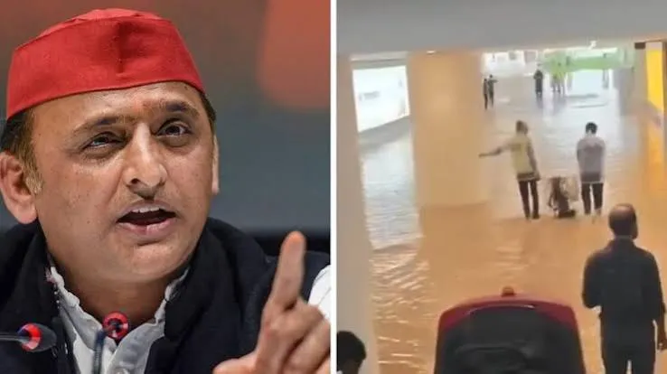 जेवर एयरपोर्ट की पार्किंग में बारिश के बाद जलभराव और पानी निकालते कर्मचारी। | Source: Chrome जेवर एयरपोर्ट की पार्किंग में बारिश के बाद जलभराव और पानी निकालते कर्मचारी। | Source: Chrome
